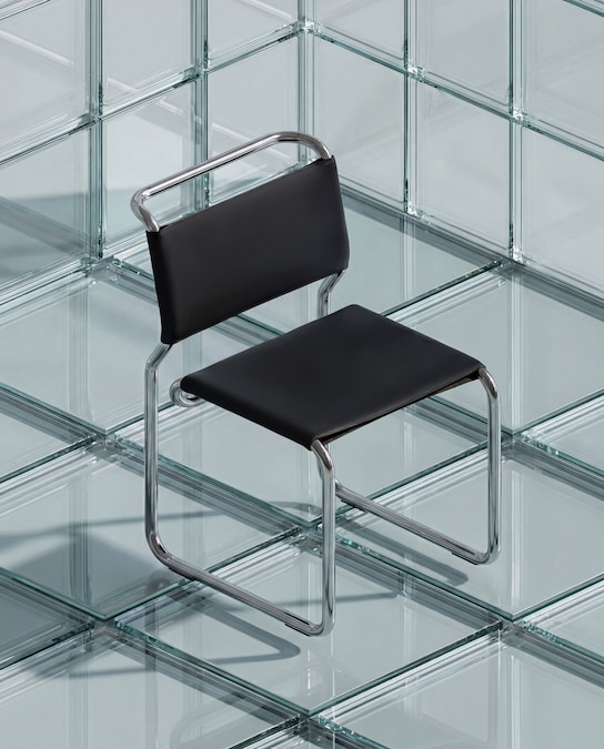 Sedia CH66 in tubolare di acciaio cromato inox, seduta e schienale in cuoio, molle metalliche, design Nicos Zographos, KARAKTER X CASSINA.