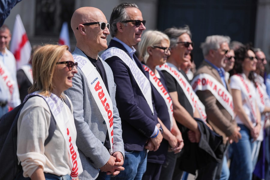 La manifestazione “Senza paura in Europa, padroni a casa nostra” organizzata dal partito della coalizione di governo di centro-destra, La Lega, a Milano, sabato 18 aprile 2026. (LAPRESSE)