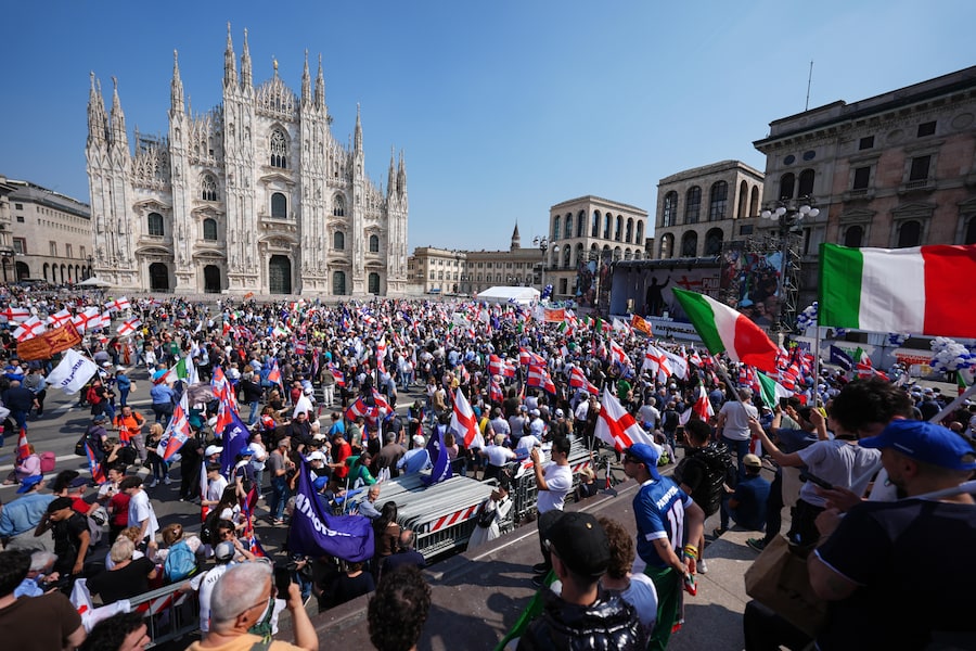 La manifestazione “Senza paura in Europa, padroni a casa nostra” organizzata dal partito della coalizione di governo di centro-destra, La Lega, a Milano, sabato 18 aprile 2026. (LAPRESSE)