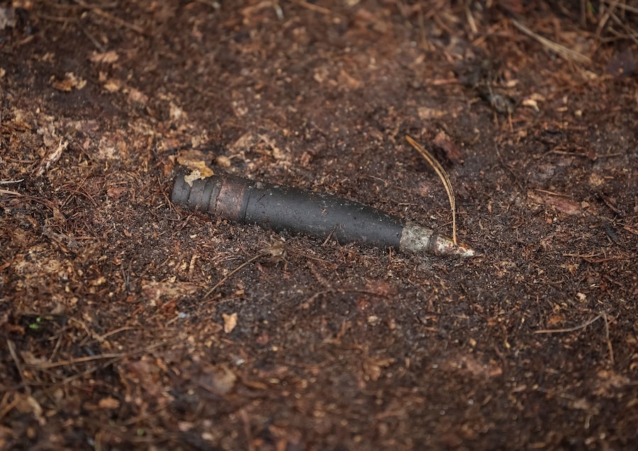 Un ordigno inesploso in un bosco, nei pressi del villaggio di Myrotske nella regione di Kiev. (REUTERS/Gleb Garanich)