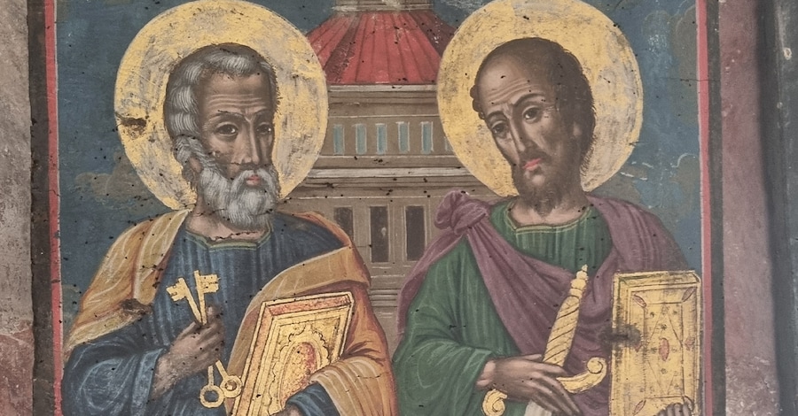 San Pietro e San Paolo affrescati nella chiesa del monastero di Theoktístis, a Pigí (MARIA LUISA COLLEDANI)
