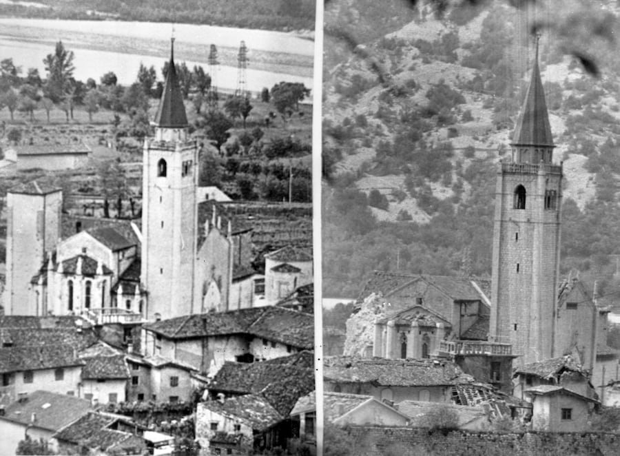Foto combo della cattedrale di Venzone, a sin la cartolina prima del terremoto e a dx la cattedrale dopo il terremoto (Ansa)