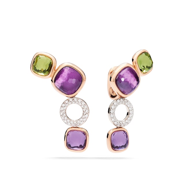 Orecchini Nudo in oro rosa e oro bianco, con ametiste, peridoti e diamanti bianchi, POMELLATO (22.000 €).