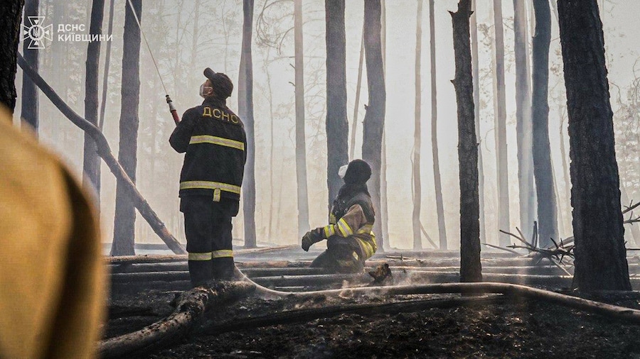 In questa foto fornita dal Servizio di emergenza ucraino, i vigili del fuoco domano un incendio boschivo divampato nella zona di esclusione intorno alla centrale nucleare di Cernobyl, in Ucraina, venerdì 8 maggio 2026. (Servizio di emergenza ucraino via AP) (APN)