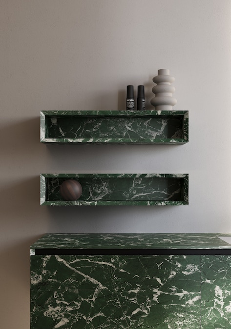 Idea Group. Dalla collezione Cubik disegnata da Riccardo Gava, composizione di arredo bagno nella nuova finitura in laminato Unicolor HPL effetto marmo, colore Verde Dolomiti