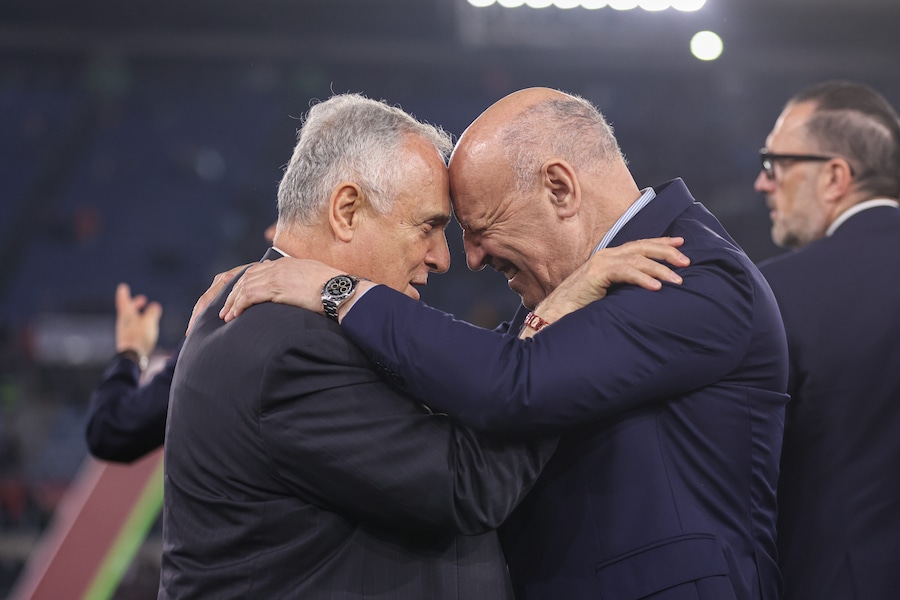 Il proprietario della Lazio Claudio Lotito e il presidente dell'Inter Giuseppe Marotta durante la finale della Coppa Italia Frecciarossa 2025/2026 tra Lazio e Inter allo Stadio Olimpico di Roma. (LAPRESSE)