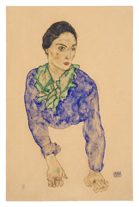 Lot 41, Egon Schiele, Frauenbildnis mit Blauem und Grünem Halstuch (Portrait of a Woman with Blue and Green Scarf), est $1 - 1.5 million