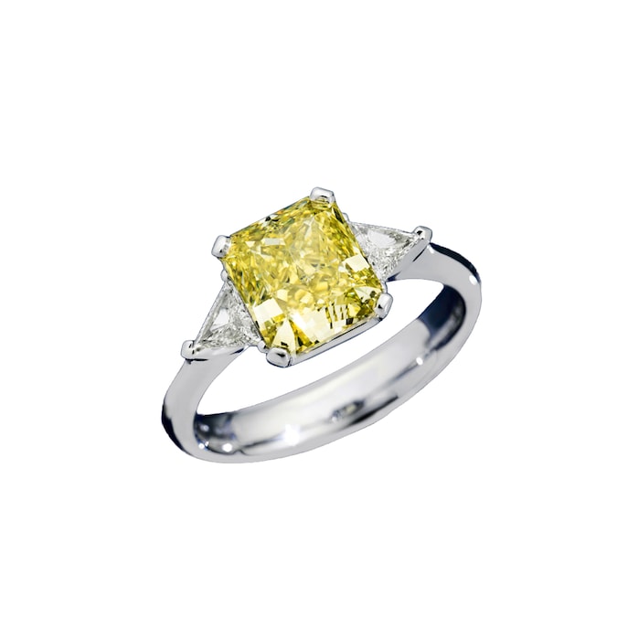 RECARLO. Blue Carpet, diamante quadrato fancy yellow e diamanti laterali bianchi a cuore (4 ct in totale) su oro bianco