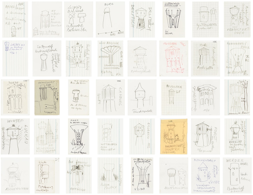Autore: Bernd & Hilla Becher Titolo: Torri idriche #: PSD-BHB-2021-199_243 Anno: Anni Sessanta-Ottanta Tecnica: Grafite, inchiostro e penna a sfera su carta (Copyright: Estate Bernd & Hilla Becher, rappresentato da Max Becher Courtesy Die Photographische Sammlung/SK Stiftung Kultur – Bernd & Hilla Becher Archiv, Colonia)