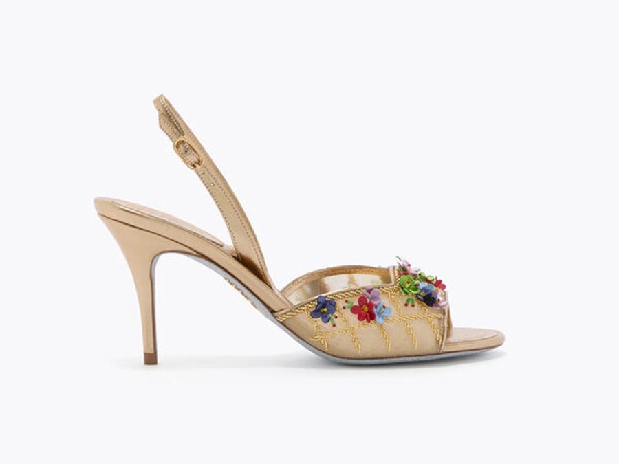 René Caovilla. Sandalo Flora in pelle, tulle e pizzo con fiori applicati