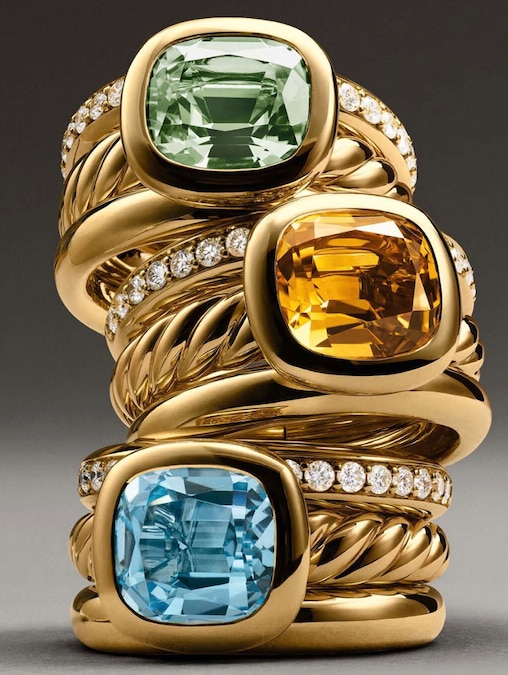 David Yurman. Anelli in oro giallo, torchon e diamanti, con pietre centrali: citrino, topazio, prasiolite