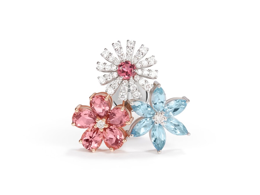 Damiani Alta Gioielleria. Anello a bouquet multifiore in oro bianco, diamanti, acquamarina e tormalina rosa, collezione Ode all’Italia