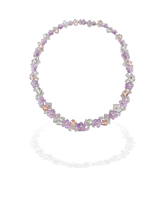 Sirivannavari. Collana De Fleur con diamanti, ametiste, morganite e quarzo giallo montati su oro bianco