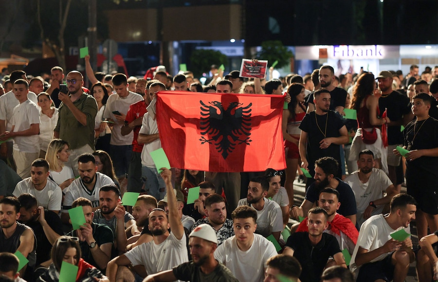 Demonstrators take part in a protest against a luxury resort, a plan by a company linked to U.S. President Donald Trump's son-in-law, Jared Kushner, on an environmentally sensitive part of the Adriatic coast, in Tirana, Albania, June 9, 2026. REUTERS/Florion Goga (REUTERS)