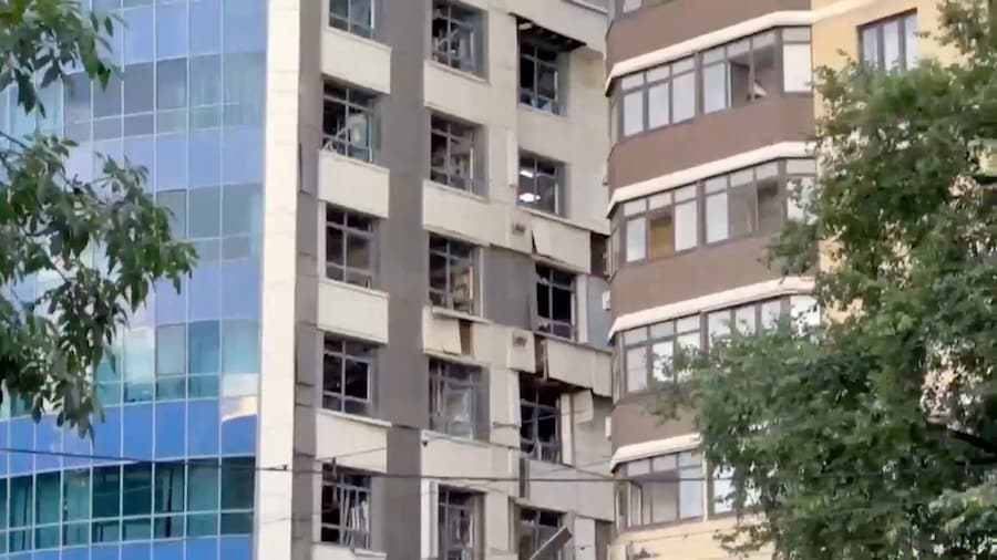 A residential building damaged during a drone attack, which local authorities said was an overnight Ukrainian strike, in the course of the Russia-Ukraine military conflict, in Krasnodar, Russia, in this still image taken from video footage released on June 11, 2026. Emergency response headquarters of Russia's Krasnodar region/Handout via REUTERS ATTENTION EDITORS - THIS IMAGE WAS PROVIDED BY A THIRD PARTY. NO RESALES. NO ARCHIVES. MANDATORY CREDIT. (via REUTERS)
