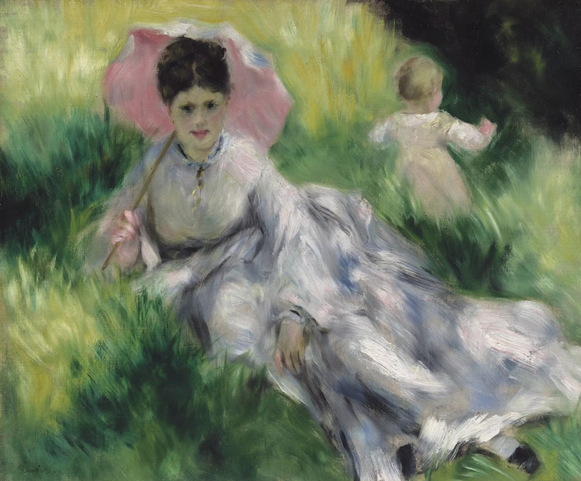 Auguste Renoir (1841-1919), Femme à l’ombrelle et enfant dans un paysage ensoleillé, 1874-1876, Huile sur toile, 47 × 56,2 cm Boston, Museum of Fine Arts, legs de John T. Spaulding, 48.593 (Photograph copyright 2026 Museum of Fine Arts, Boston)