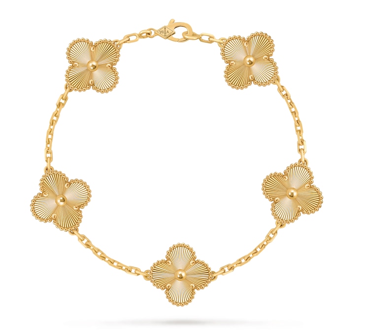 Van Cleef & Arpels. Bracciale a catena con 5 elementi Vintage Alhambra, in oro giallo guilloché