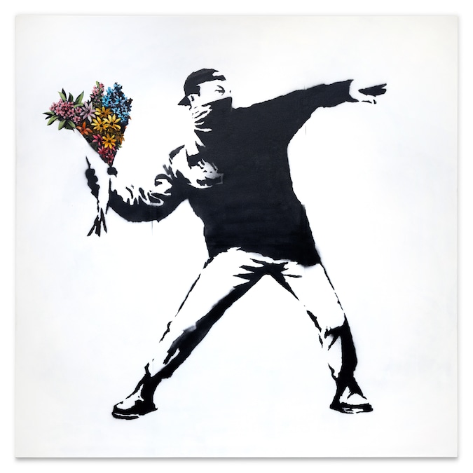 Lot 137. Banksy. Love Is In The Air (life size), est. £3.5-5.5m