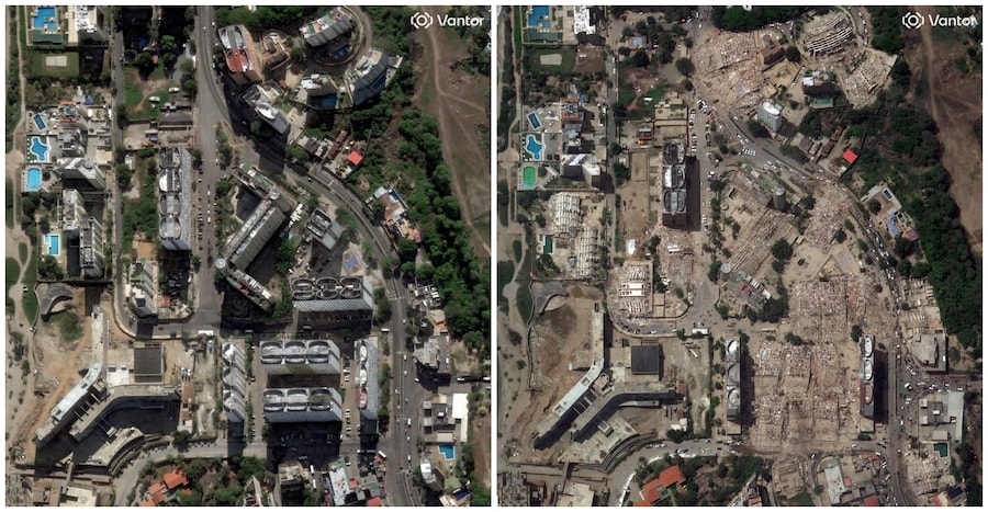 Edifici a più piani a Caraballeda, in Venezuela, prima (a sinistra) e dopo i terremoti che hanno colpito il Paese il 28 dicembre 2025 e il 26 giugno 2026 (via REUTERS)