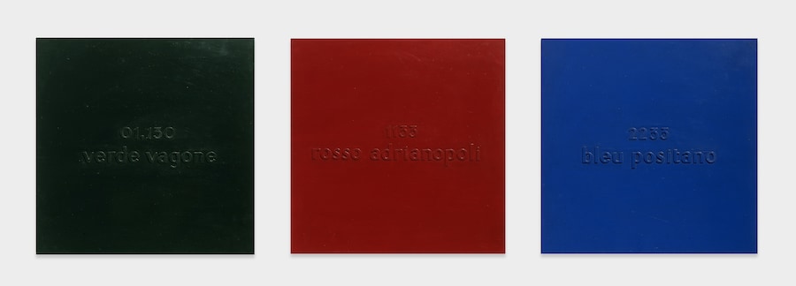 01.130 verde vagone 1133 rosso adrianopoli 2233 bleu positano, 1967 Industrial paint on cardboard with cork lettering / Vernice industriale, cartone montato su tela, lettere e numeri di sughero 3 parts / elementi, 70 x 70 cm each / ciascuno Cat Rais: n. 122, pp. 164-165, vol I, (a. 77) Private collection / collezione privata