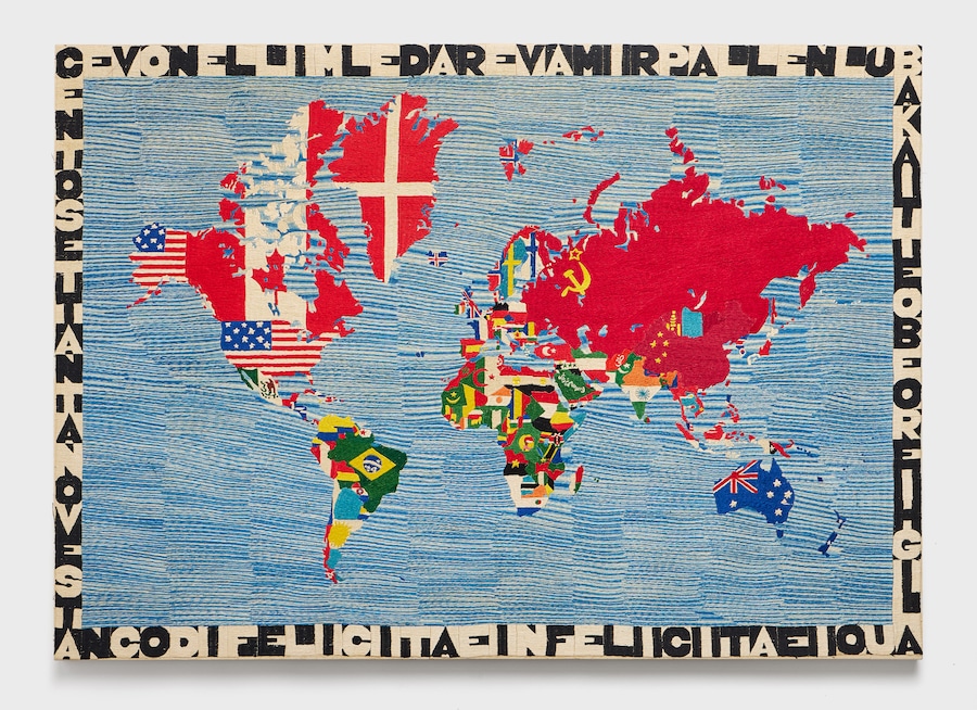 Mappa, 1979 Embroidery on canvas / ricamo su tessuto 92 x 130 cm. (36 1/4 x 51 1/8 in.) Cat Rais: n. 1215, p. 391, vol II, (a. 528) Courtesy of Ben Brown Fine Arts