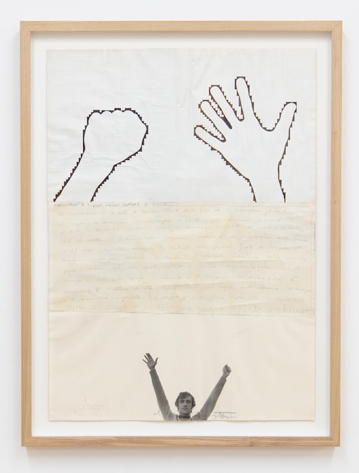 San Bernardino (Mano aperta pugno chiuso), 1979 Collage and mixed media on paper / collage e tecnica mista su carta 69.3 x 50 cm (27 1/4 x 19 3/4 in.) Cat Rais: n. 1154, p. 362, vol II, (a. 4327) Courtesy of Ben Brown Fine Arts