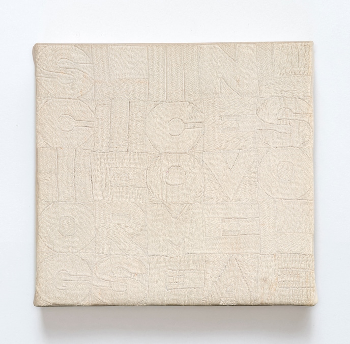 Sciogliersi come neve al sole, 1989 Embroidery on canvas / ricamo su tessuto 21 x 22 cm. (8 1/4 x 8 5/8 in.) Archivio no. 7893 Courtesy of Ben Brown Fine Arts 13