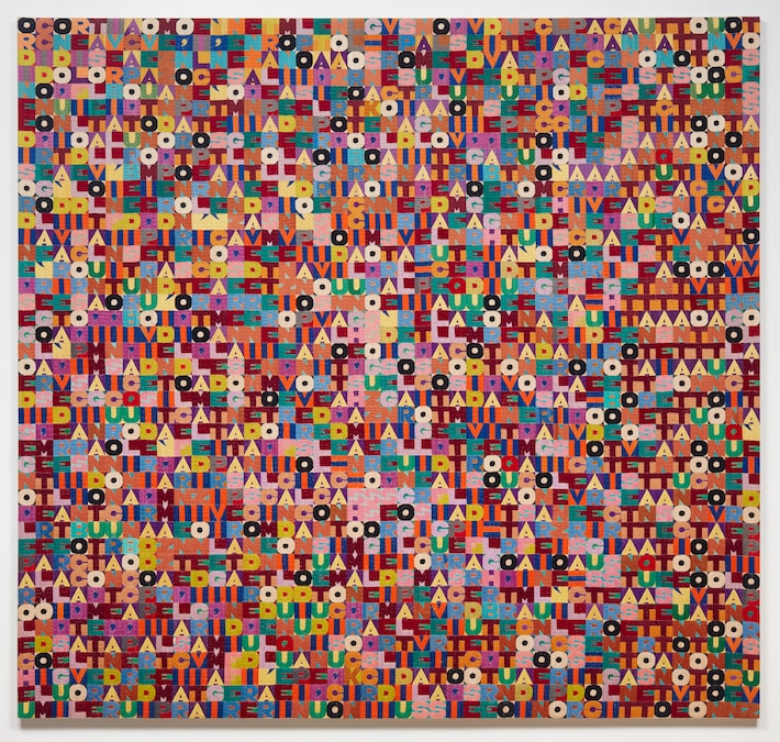 Titoli, 1979 Embroidery on canvas / ricamo su tessuto 188 x 197 cm. (74 1/8 x 77 1/2 in.) Cat Rais: n. 1203, p. 387, vol II, (a. 2975) Courtesy of Ben Brown Fine Arts