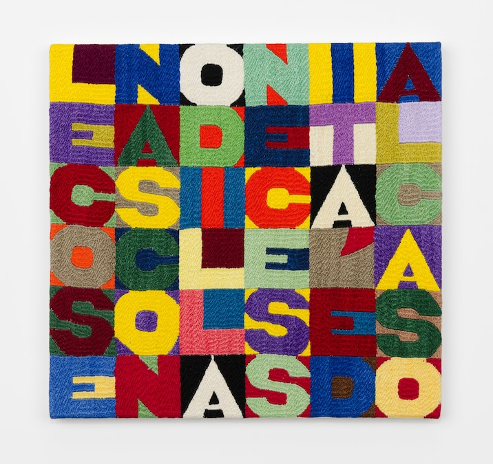 Le cose nascono dalla necessità e dal caso, 1988 Embroidery on canvas / ricamo su tessuto 32 x 33.5 cm. (12 5/8 x 13 1/4 in.) Archivio no. 7767 Courtesy of Ben Brown Fine Arts