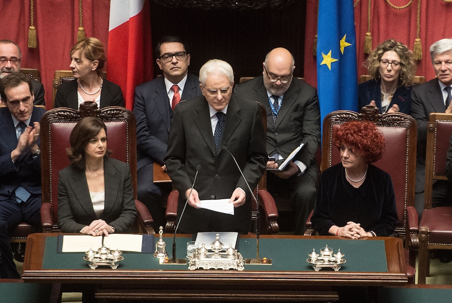 3 febbraio 2015 - Roma - Il presidente della Repubblica Sergio Mattarella con la presidente della Camera, Laura Boldrini, e la presidente Vicaria del Senato, Valeria Fedeli in occasione della cerimonia di giuramento. (Ufficio Stampa della Presidenza della Repubblica)