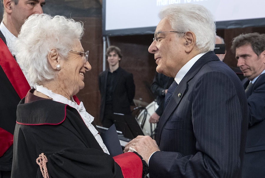 18 febbraio 2020 - Roma - Inaugurazione dell’Anno Accademico della Sapienza Università di Roma. La senatrice a vita Liliana Segre riceve i complimenti dal presidente della repubblica Sergio Mattarella. (IPP/spgr)