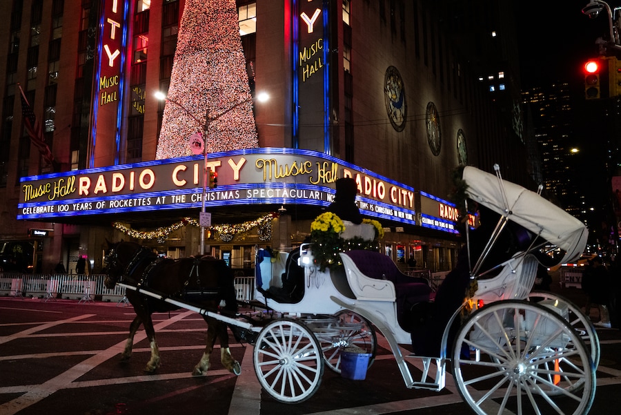 L'11 dicembre 2025, una carrozza trainata da un cavallo passa davanti al Radio City Music Hall di New York, New York. (Reuters)