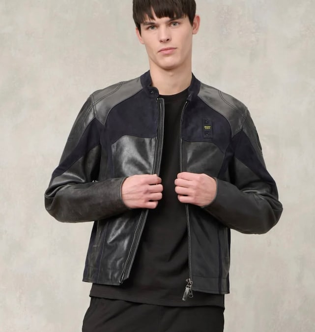 Blauer. Biker in pelle con doppio trattamen-to, soft e lucidato, modello Faystone