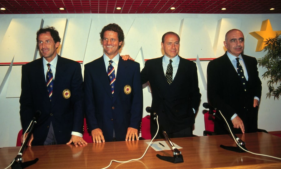 Calcio Milan 1997/1998 - 15 agosto 1997 - Milanello: Franco Baresi, Fabio Capello, Silvio Berlusconi e Adriano Galliani. (Foto IPP/Bildbyran via ZUMA Press)