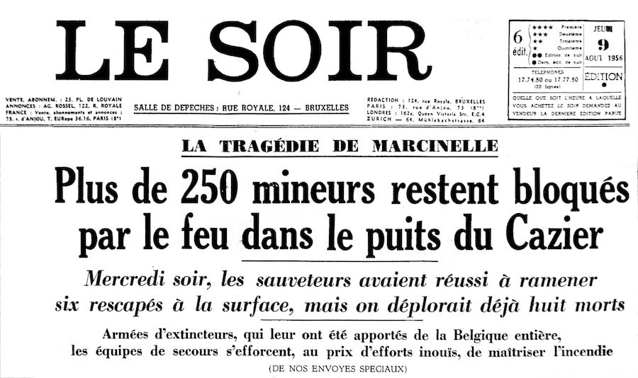 Titolo relativo al disastro minerario di Marcinelle apparso su *Le Soir*, quotidiano belga in lingua francese del 1956, Belgio (Alamy Stock Photo)