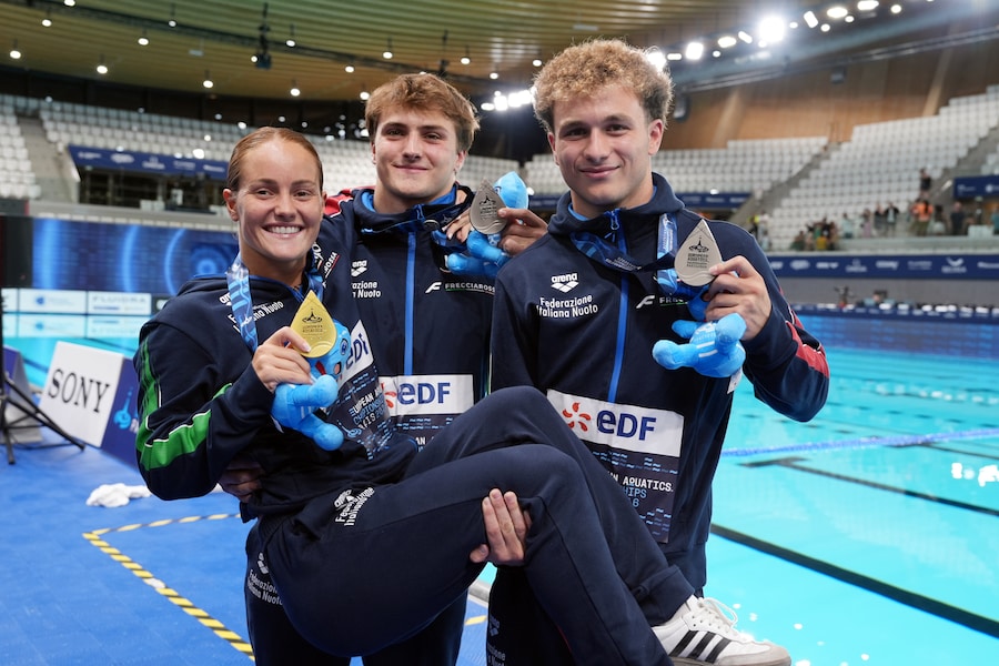 Trampolino da 10 m sincronizzato maschile: Simone Conte, Raffaele Pelligra e Chiara Pellacani (Italia) ai Campionati europei di nuoto di Parigi 2026, Parigi, 3 agosto 2026. (Gian Mattia D’Alberto/LaPresse)