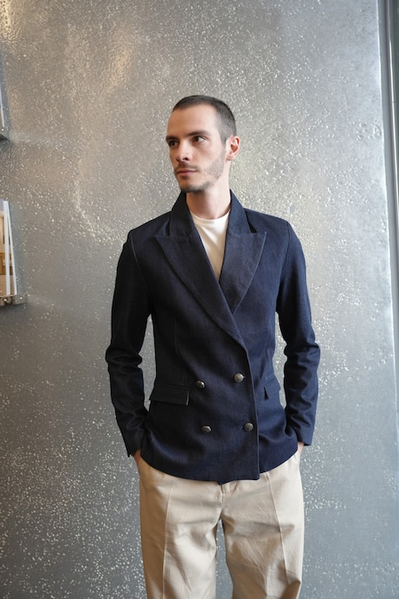 Pionieer Denim. Giacca doppiopetto con collo a scialle in denim