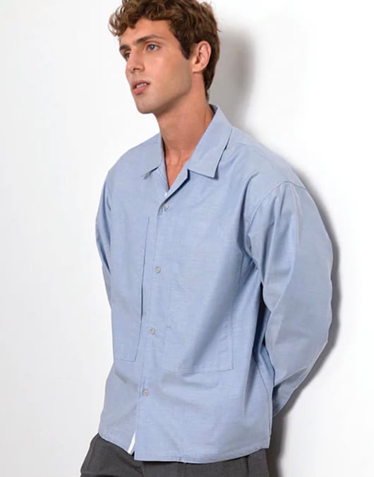 Nine in the Morning. Camicia over in cotone con collo all’americana e macro tasche