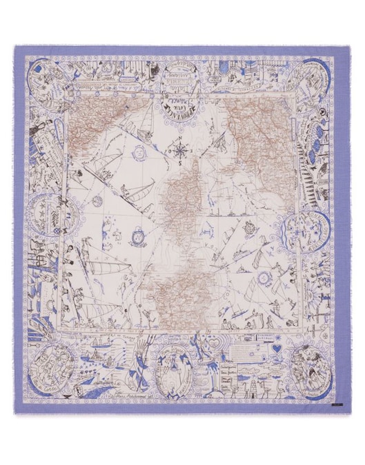 Faliero Sarti. Mappa dell’alto Mediterraneo per la sciarpa, in modal e cashmere, disegnata dall’architetto e illustratore Paolo Fiumi