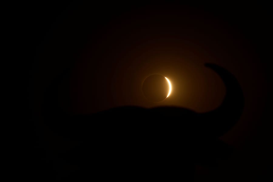 La luna copre parzialmente il sole durante un'eclissi solare, con sullo sfondo la sagoma di un toro di Osborne, a Navarrete, nel nord della Spagna, il 12 agosto 2026. (REUTERS/Vincent West)