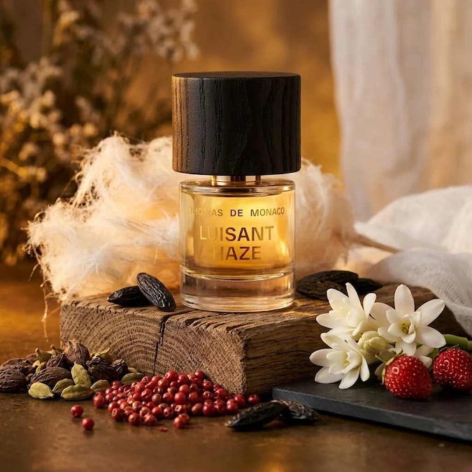 Luisant Haze di Thomas De Monaco Parfums amplia la Gold Collection. Si apre con un’esplosione di pepe rosa, cardamomo e cannella- Nel cuore, la tuberosa perde le sue sfumature più opulente per diventare morbida e lattiginosa, avvolta da un accordo di fragolina di bosco e zucchero filato che regala al profumo un effetto gourmand quasi “bubblegum”. Nonostante la dolcezza, la fragranza resta sorprendentemente ariosa e vaporosa.