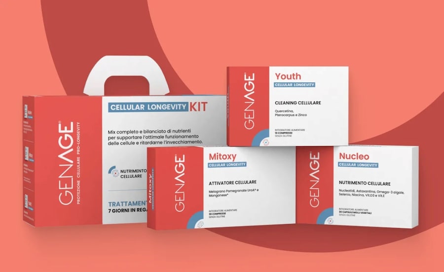 GenAge CELLULAR LONGEVITY. Un kit composto da tre integratori per agire in tre fasi: nutrimento, attivazione e pulizia. Il primo, Nucleo fornisce nucleotidi e micronutrienti; Mitoxy con estratto di melograno, stimola l’energia e il rinnovamento dei mitocondri; Youth favorisce la rimozione delle componenti cellulari danneggiate.