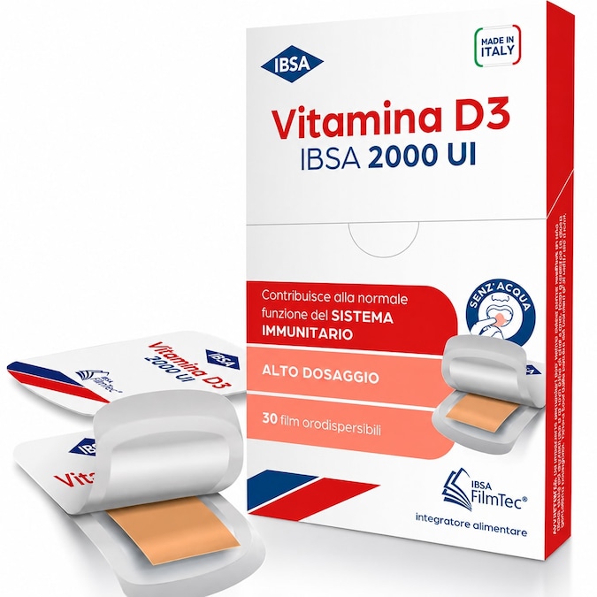 VITAMINA D IBSA disponibile in film orodispersibile che si scioglie in bocca in pochi secondi, favorisce il supporto per il benessere delle ossa, insieme a dieta equilibrata e vita all’aria aperta.