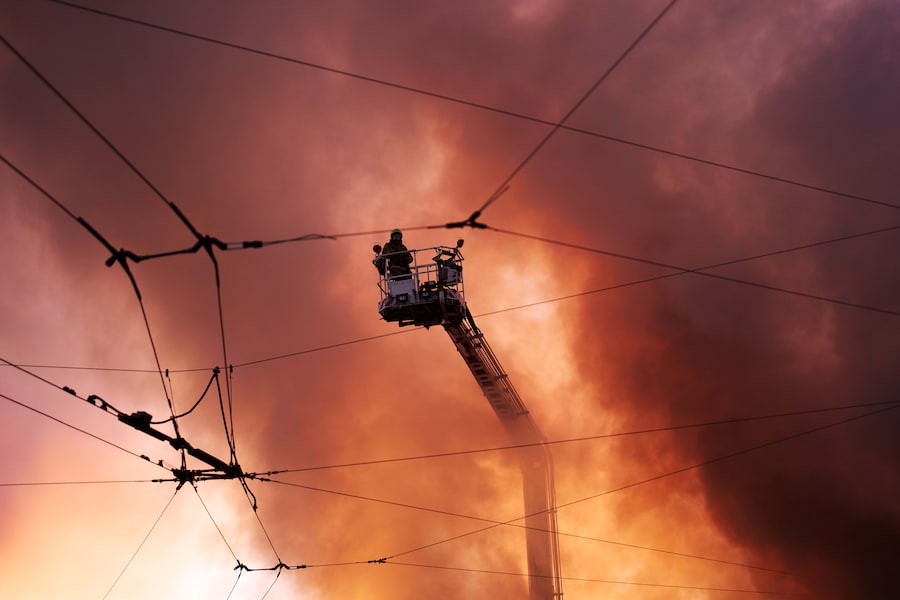 I vigili del fuoco cercano di spegnere un incendio divampato in un mercatino dei libri della città a seguito di un attacco missilistico russo a Kiev, in Ucraina. (APN)