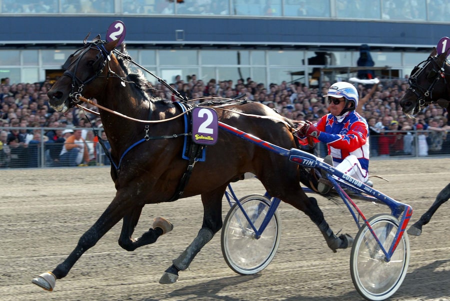 Stoccolma 26 05 2002 Elitloppet Ippica gara di trotto nella foto il cavallo Varenne con il driver fantino Minnucci Giampaolo in azione (Italy Photo Press)