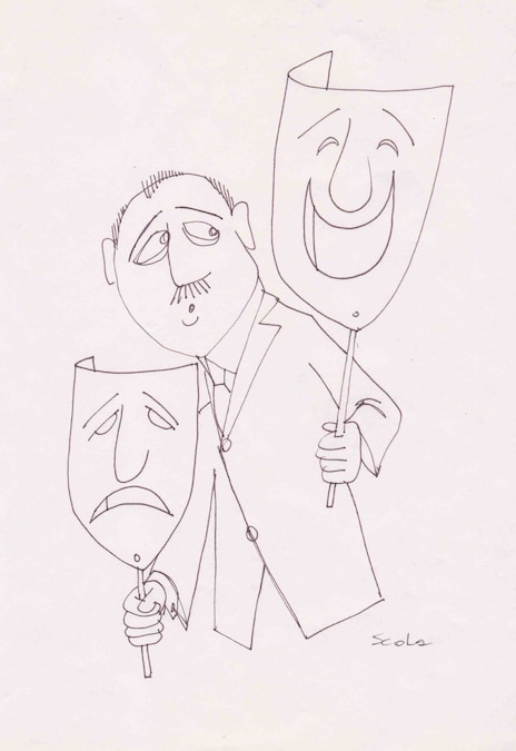 Disegno di Ettore Scola Uomo con maschere penna su carta. Archivio Famiglia Scola