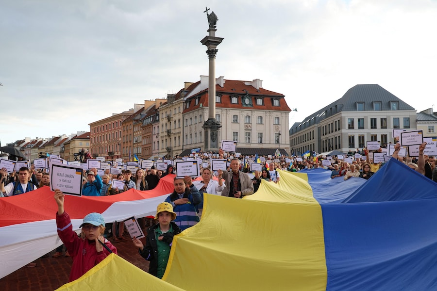 Le celebrazioni per la Giornata dell’Indipendenza dell’Ucraina in Piazza del Castello a Varsavia, in Polonia, il 24 agosto 2026. L’evento è organizzato dalla Fondazione Stand with Ukraine in occasione del 35° anniversario della dichiarazione di indipendenza dell’Ucraina. (EPA)