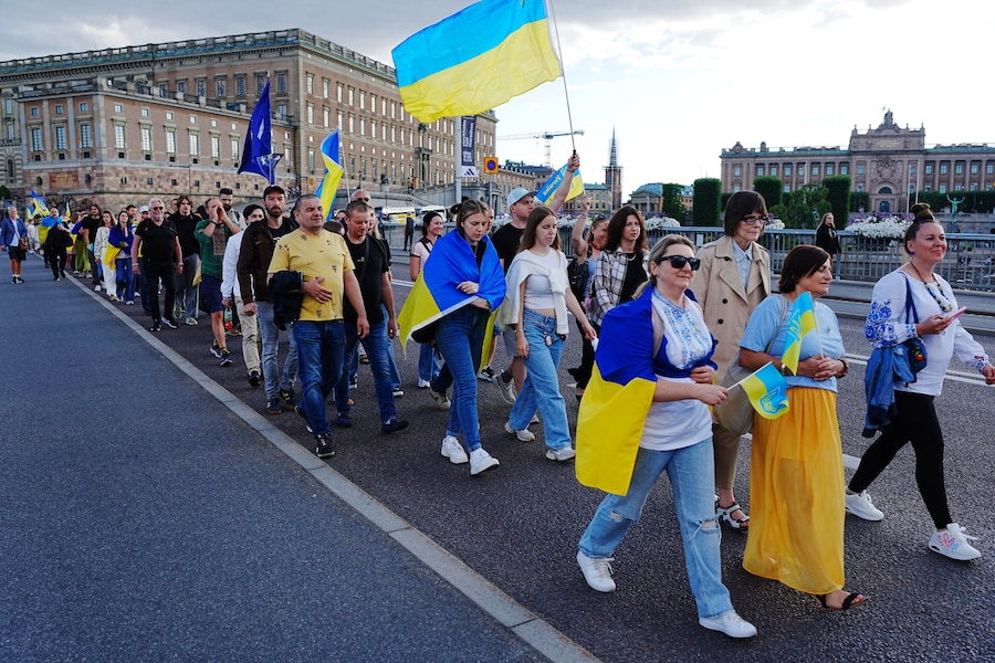 La manifestazione in occasione della Giornata dell'Indipendenza dell'Ucraina nel centro di Stoccolma, in Svezia, il 24 agosto 2026. (EPA)