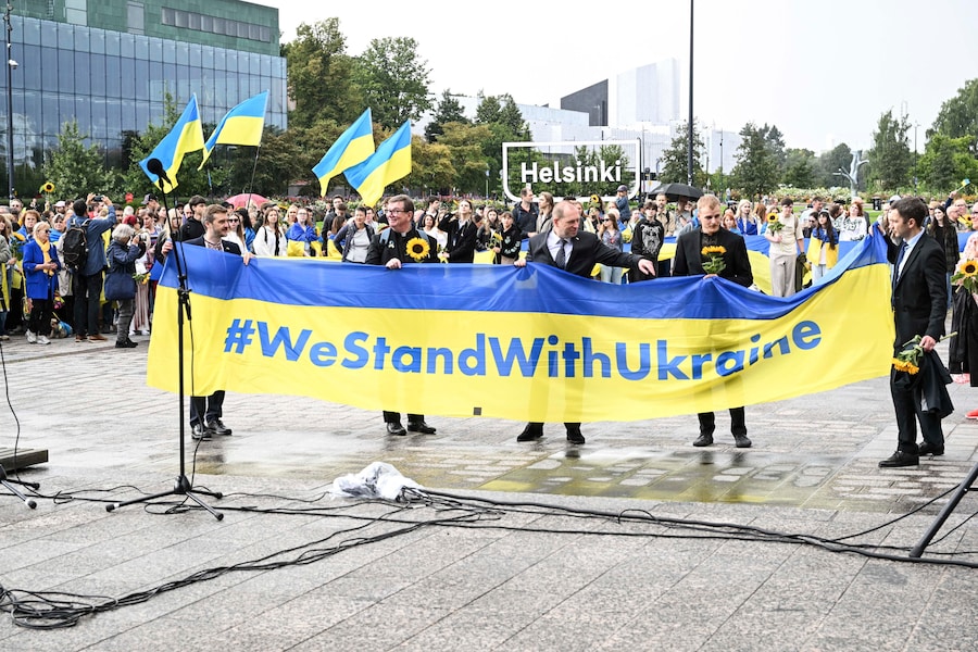 La manifestazione in occasione della Giornata dell’Indipendenza dell’Ucraina a Helsinki, in Finlandia, il 24 agosto 2026. (EPA)