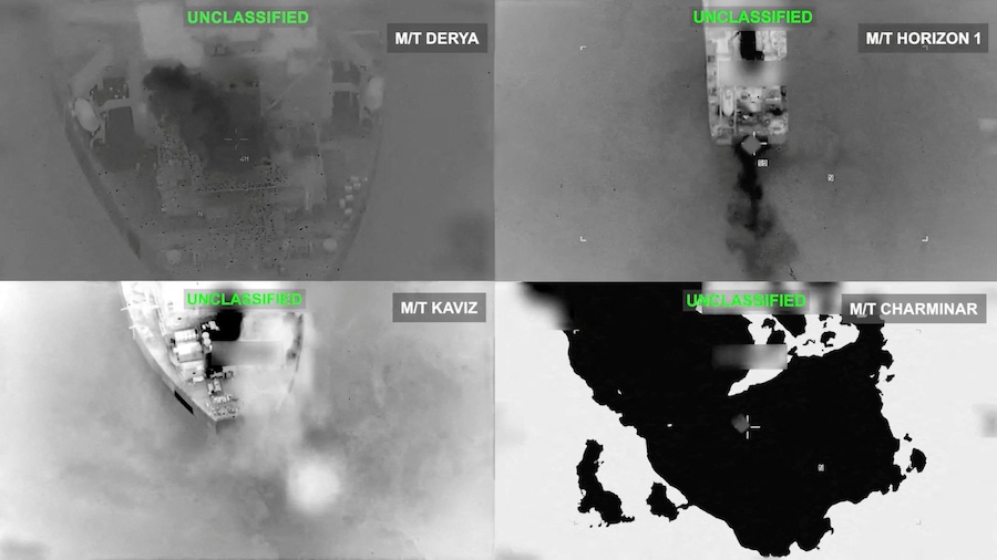 Navi cisterna iraniane per il trasporto di greggio dopo essere state colpite; secondo il Comando Centrale degli Stati Uniti, sarebbero state prese di mira in seguito ai tentativi di attacchi missilistici iraniani contro una nave da guerra della Marina statunitense avvenuti negli ultimi due giorni, in una località sconosciuta, in questa immagine tratta da un video diffuso l'8 settembre 2026. (via REUTERS)